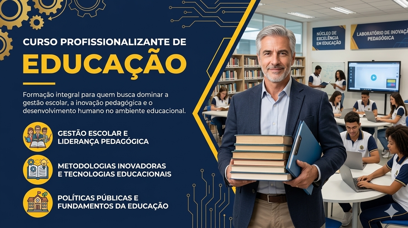 Educational course banner with Portuguese text, a teacher holding books, and students in a modern classroom.