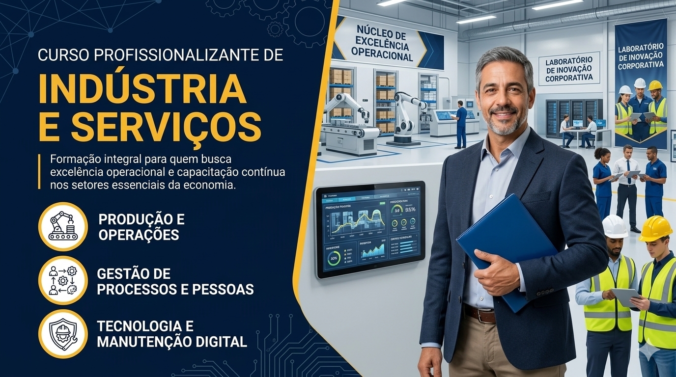 Promotional graphic for a Portuguese course in industry and services beside a modern industrial laboratory.