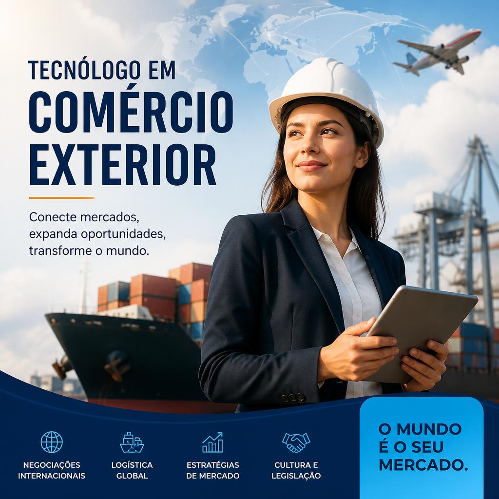 Poster showing a woman in a hard hat at a shipping port with Portuguese text about foreign trade.