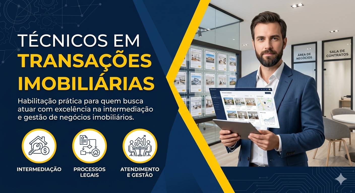 Real-estate training banner with Portuguese text, three icons, and a suited man holding a property dashboard tablet.