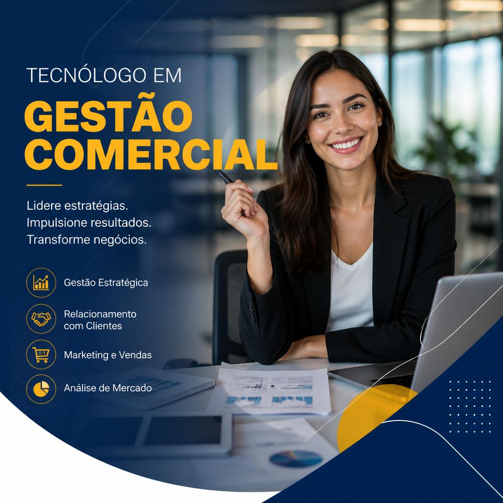 Smiling businesswoman at a desk beside Portuguese text about commercial management.
