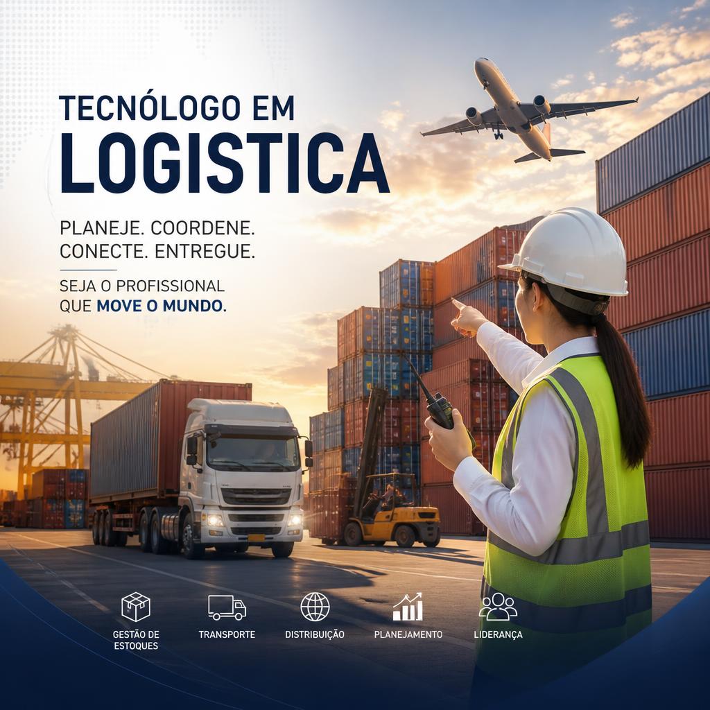 Logistics program graphic with Portuguese text, a port, containers, airplane, truck, and safety-vested worker.