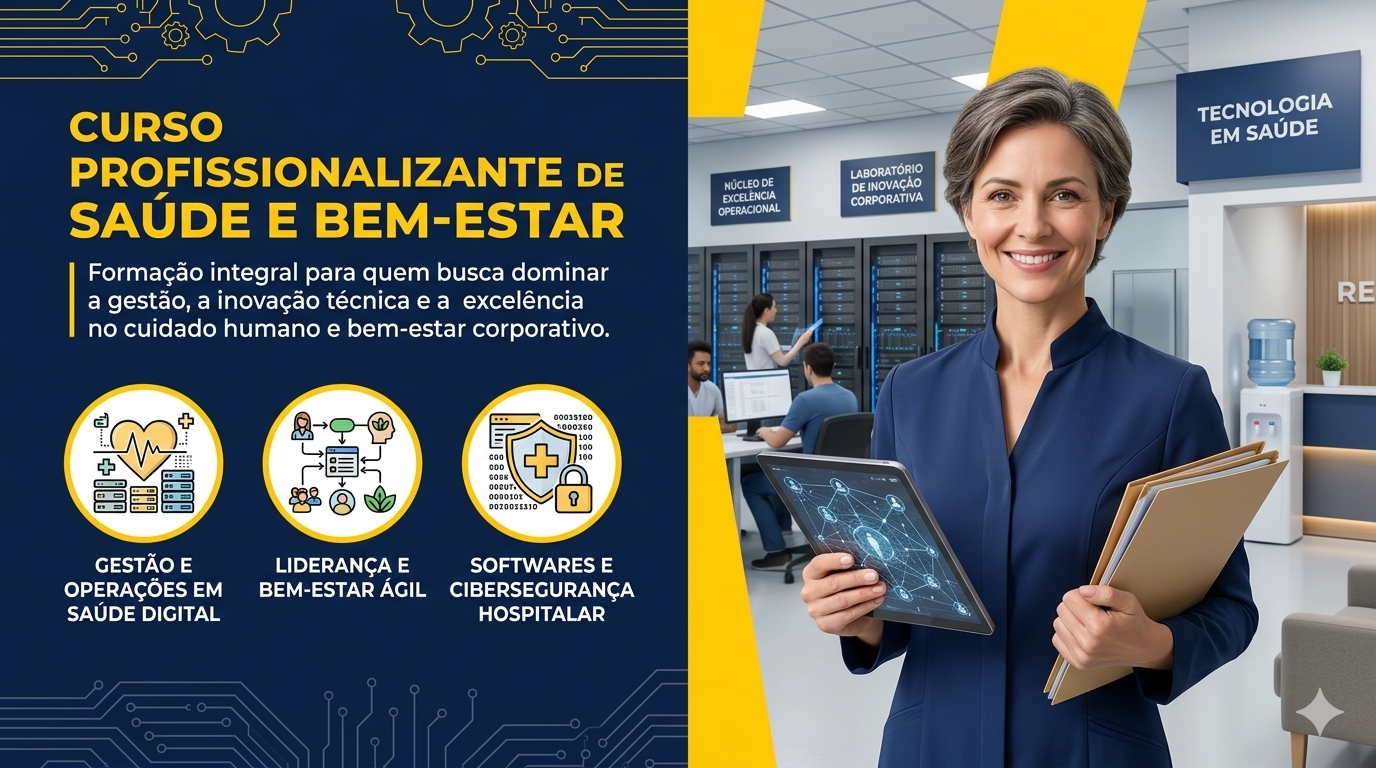 Promotional graphic for a Portuguese healthcare professionalization course beside a technology-focused office scene.