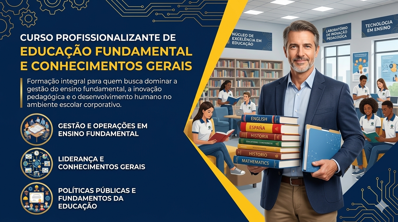 Educational course banner with Portuguese text, classroom students, books, and a male instructor holding a blue folder.