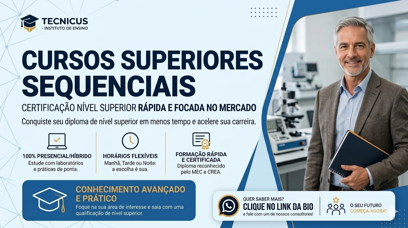 Portuguese ad for sequential higher education courses with a man in a laboratory and enrollment callouts.