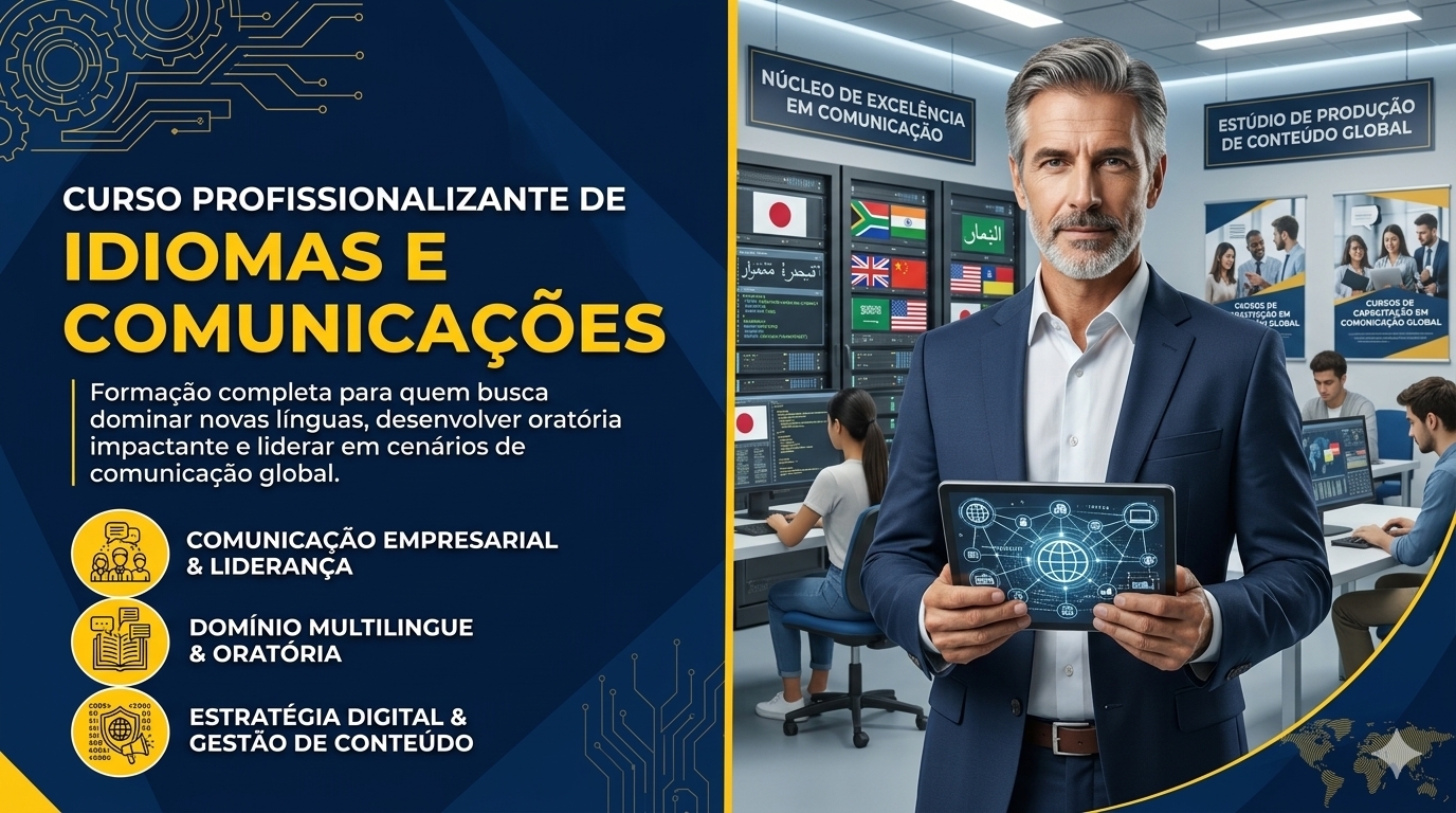 Promotional banner for a Portuguese course in languages and communications, with a suited man holding a digital globe tablet.