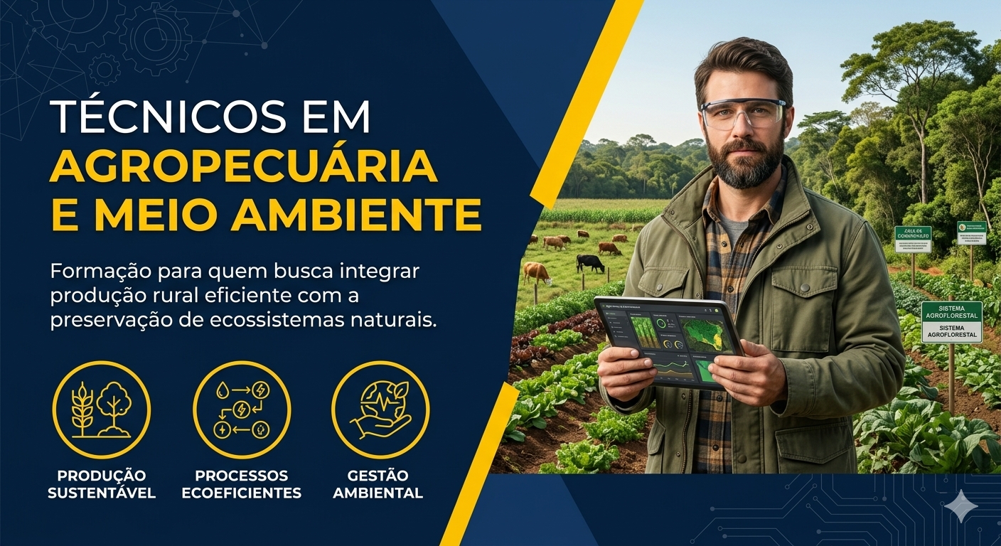 Agricultural technician holding a tablet in a crop field with cattle and trees, beside Portuguese training text.