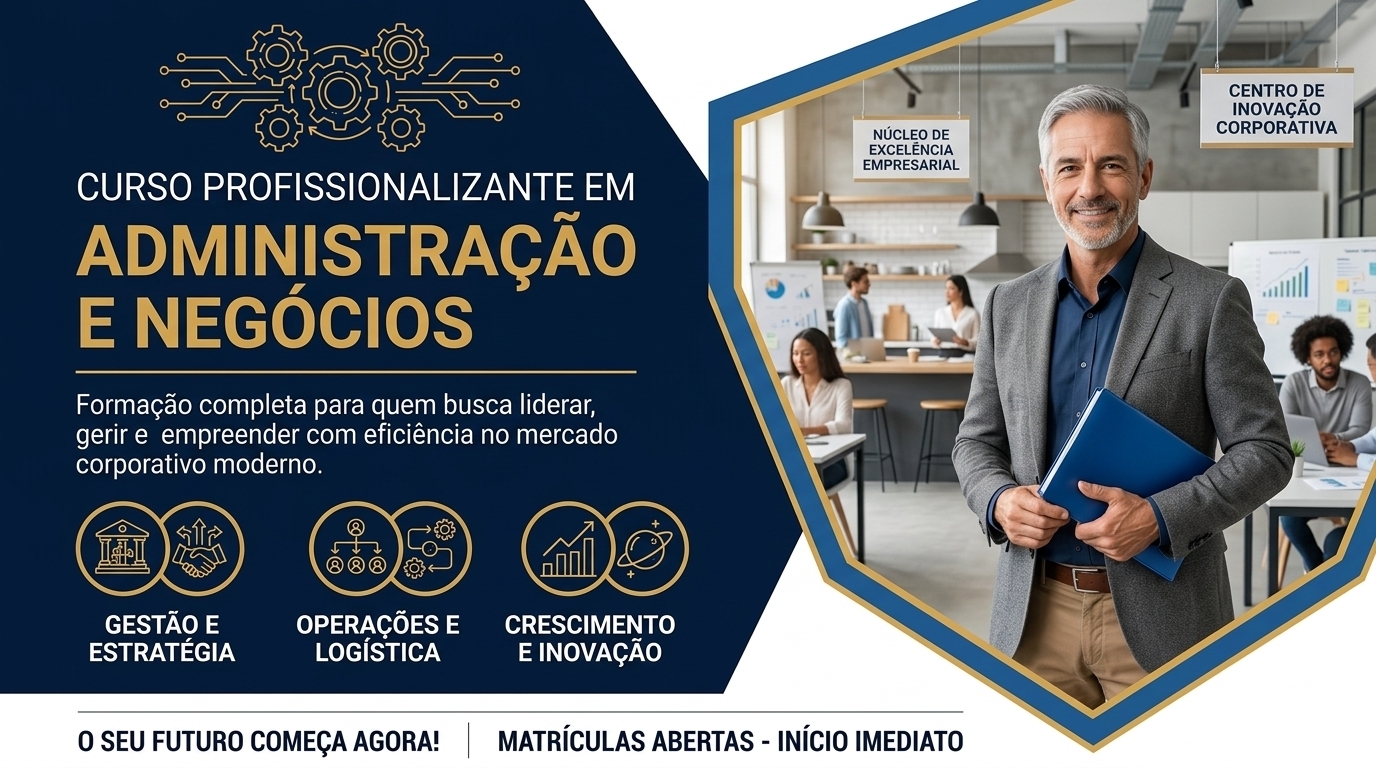 Portuguese course advertisement with business text, icons, and a gray-haired man in a modern office.