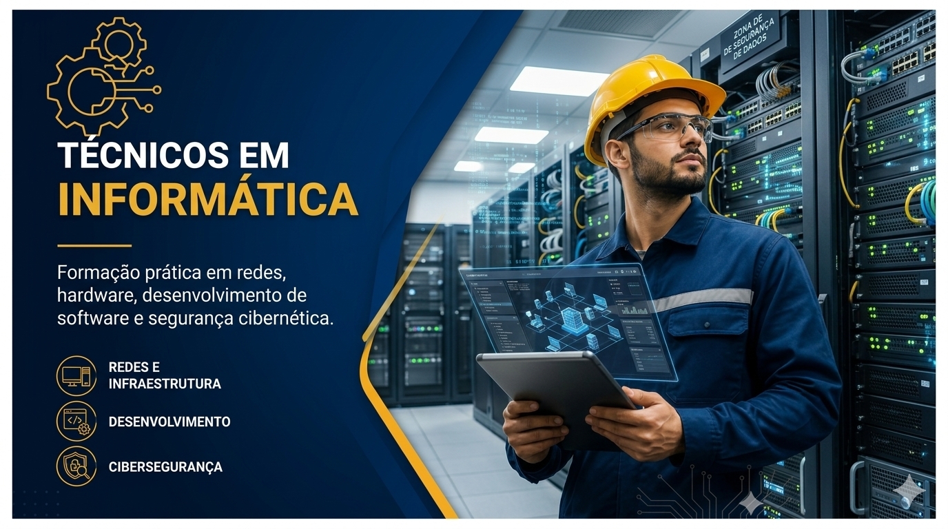 Technician holding a tablet stands among server racks beside Portuguese IT training text.