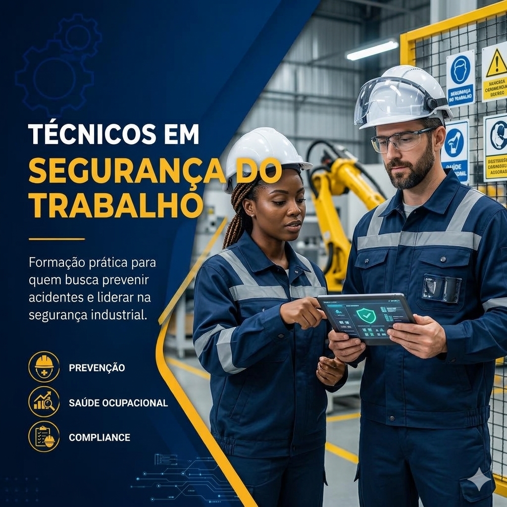 Two industrial safety technicians in protective uniforms review a tablet beside a robotic arm.