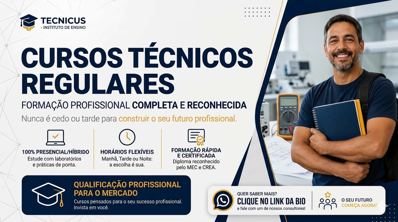 Tecnicus banner advertising regular technical courses beside a smiling man in a technical laboratory.