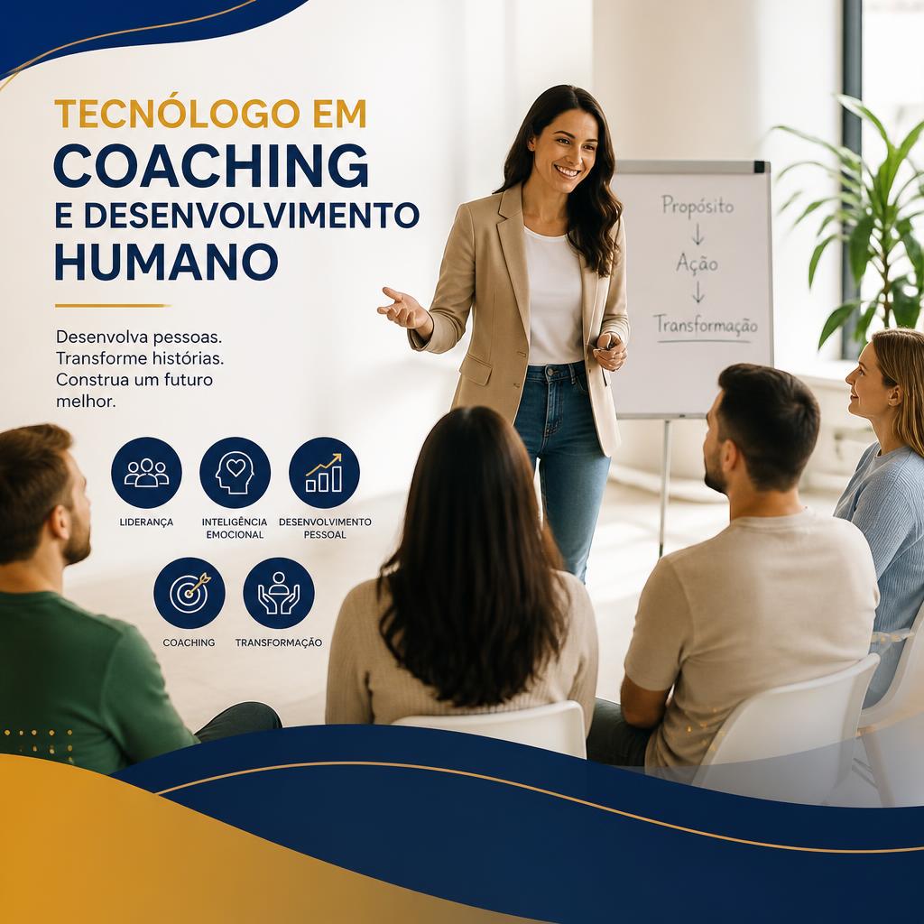 Woman presenting a coaching workshop beside Portuguese text and icons, with seated participants and a whiteboard.