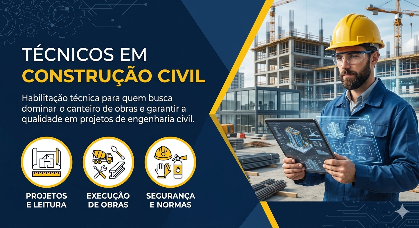 Construction professional with tablet beside a building site, next to Portuguese text about civil construction training.