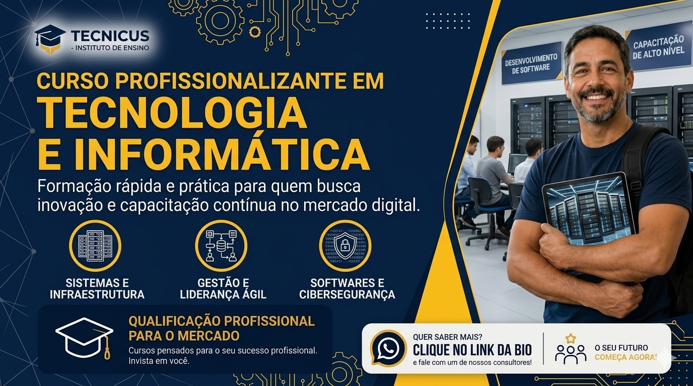 Promotional banner for a technology and IT professional course with text, icons, and a man holding a server-filled tablet.